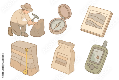 Geological Field Tools Icons. Isometric vector illustration set Geological field study: geologist hammering rock, compass