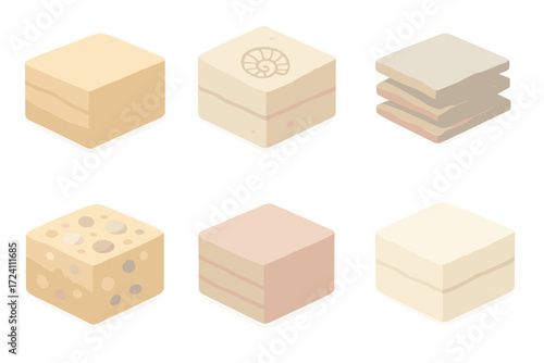 Isometric Rock Strata. Isometric vector illustration set Rock strata layers: sandstone horizontal bed, limestone fossil imprint,
