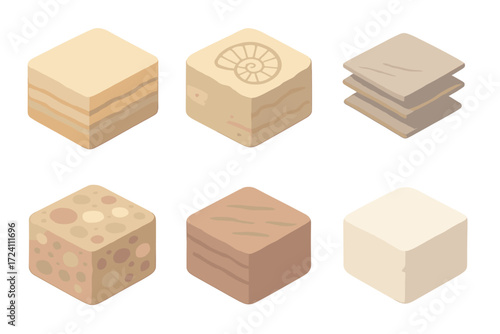 Isometric Rock Strata. Isometric vector illustration set Rock strata layers: sandstone horizontal bed, limestone fossil imprint,