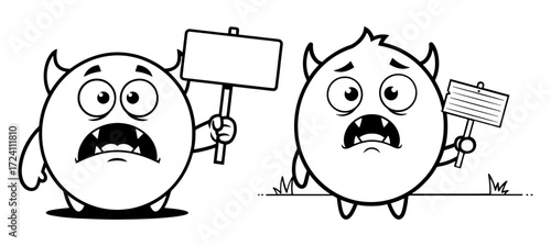 Vector art of two cartoon monsters holding blank signs, expressing sadness and protest