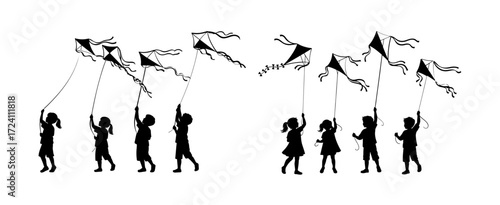 Vector art of silhouette of children flying kites on a