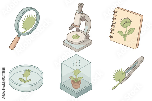 Flytrap Science Tools. Isometric vector illustration set Flytrap scientific study: magnifying glass over trap, microscope with