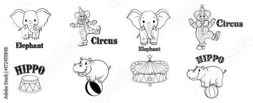 Vector art of circus animal illustrations including elephant, hippo, and clown