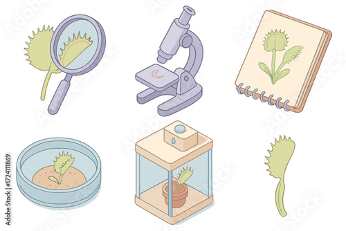 Flytrap Science Tools. Isometric vector illustration set Flytrap scientific study: magnifying glass over trap, microscope with