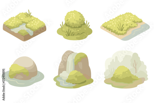 Mossy Wetland Vistas. Isometric vector illustration set Moss in wetland landscapes: bog with sphagnum moss, swamp moss hummock,