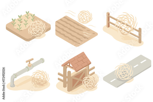 Tumbleweed Farming Challenges. Isometric vector illustration set Dry land farming challenges: tumbleweed in crop field, tumbleweed