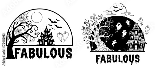 Vector art of fabulous halloween haunted house with ghosts, bats, moon and tree