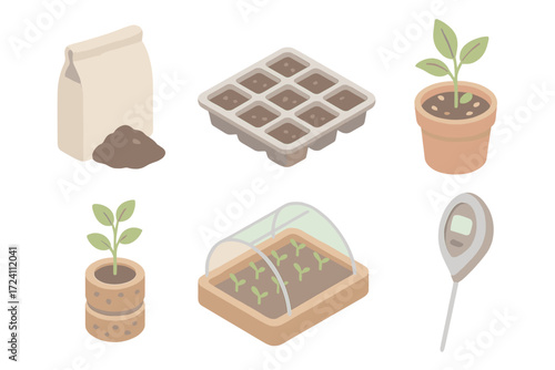Horticultural Peat Essentials. Isometric vector illustration set Peat in horticulture: peat soil bag, seedling tray with peat,