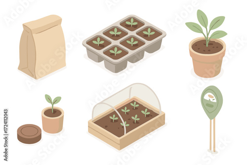 Horticultural Peat Essentials. Isometric vector illustration set Peat in horticulture: peat soil bag, seedling tray with peat,