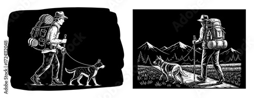 Vector art of a hiker and a dog are depicted in a black and white illustration, showcasing outdoor adventure