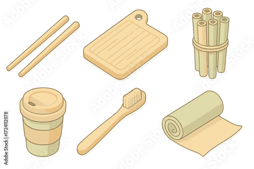 Bamboo Essentials Icons. Isometric vector illustration set Bamboo daily uses: bamboo chopsticks pair, bamboo toothbrush, bamboo