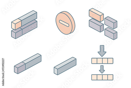 Subtracting Fractions Illustration. Isometric vector illustration set Subtracting Fractions: stacked fraction bars, minus sign