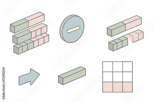 Subtracting Fractions Illustration. Isometric vector illustration set Subtracting Fractions: stacked fraction bars, minus sign