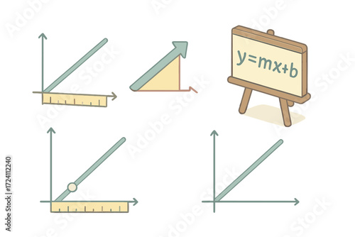 Linear Equation Visualization. Isometric vector illustration set Linear Equation in One Variable: straight line graph, slope arrow