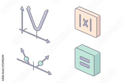 Absolute Value Equations. Isometric vector illustration set Absolute Value Equations: V-shaped graph line, |x| bars notation,