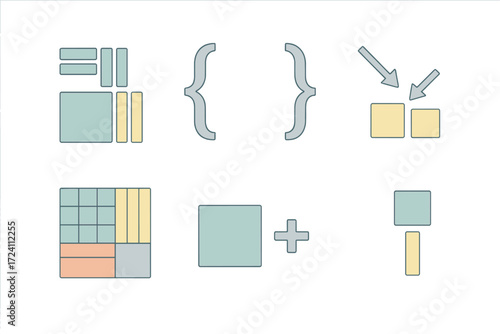 Algebraic Tile Icons. Isometric vector illustration set Polynomial Factorization: algebraic tiles blocks, grouping brackets, arrow