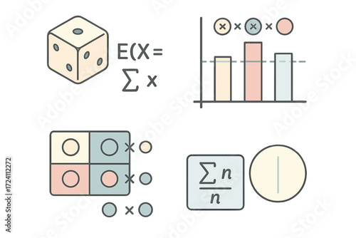 Expected Value Visualization. Isometric vector illustration set Expected Value Concept: dice roll with average formula, bar chart
