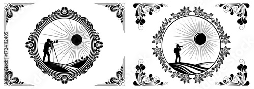 Vector art of photographer silhouette in decorative frame, capturing natures beauty with vintage elegance