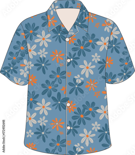 Blue Hawaiian Shirt with Floral Pattern Flat Technical Drawing, Design Template for Tropical Casual Wear and Fashion Mockup.