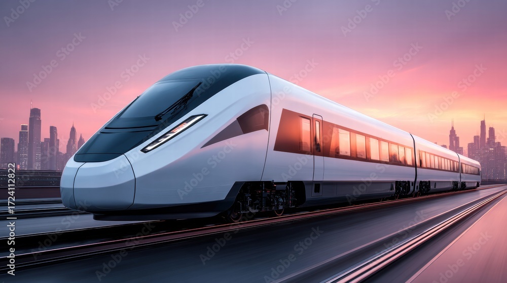Naklejka premium High-speed train speeding through a city during a vibrant sunset.