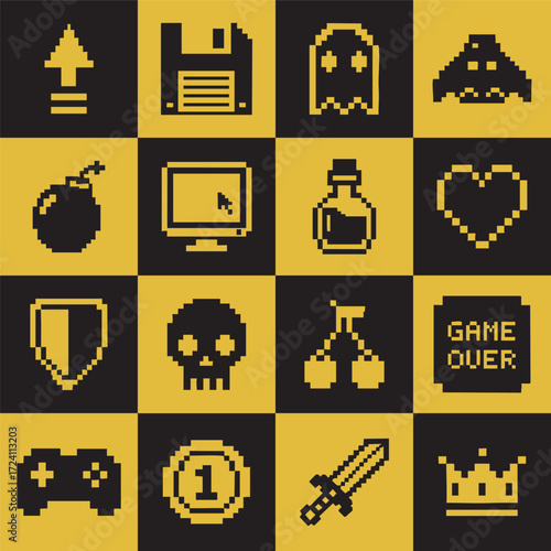 Retro 8-Bit Game Icons – Pixel Art Collection for Game Dev & Design
8-Bit Pixel Icon Seamless Pattern – Classic Video Game Symbols Vector