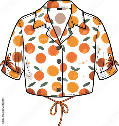 Fashion Flat Sketch of a Women's Blouse with an Orange Fruit Print, Perfect for Summer, Resort Wear, and Tropical Clothing Designs.