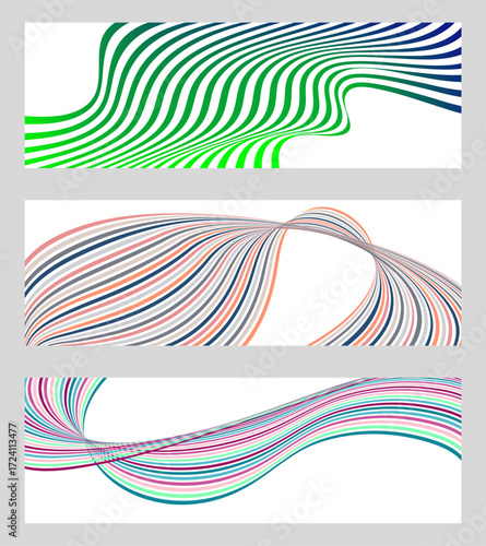 Wavy lines or ribbons. Set of 3 backgrounds. Multicolored striped gradient. Creative unusual background with abstract gradient wave lines to create a trendy banner, poster. vector eps