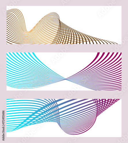Wavy lines or ribbons. Set of 3 backgrounds. Multicolored striped gradient. Creative unusual background with abstract gradient wave lines to create a trendy banner, poster. vector eps