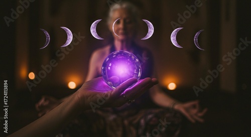Mystical fortune teller meditating with moon phases above, holding glowing crystal ball. Concept of divination, clairvoyance, spirituality.