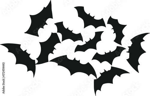 Group of black bat silhouette icons in various sizes and orientations, flying across white background for Halloween or spooky design