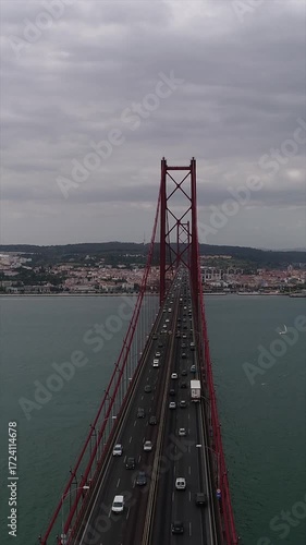 Aerial View of 25 De Abril Bridge Over the Tejo River at Sunset in Lisbon Portugal