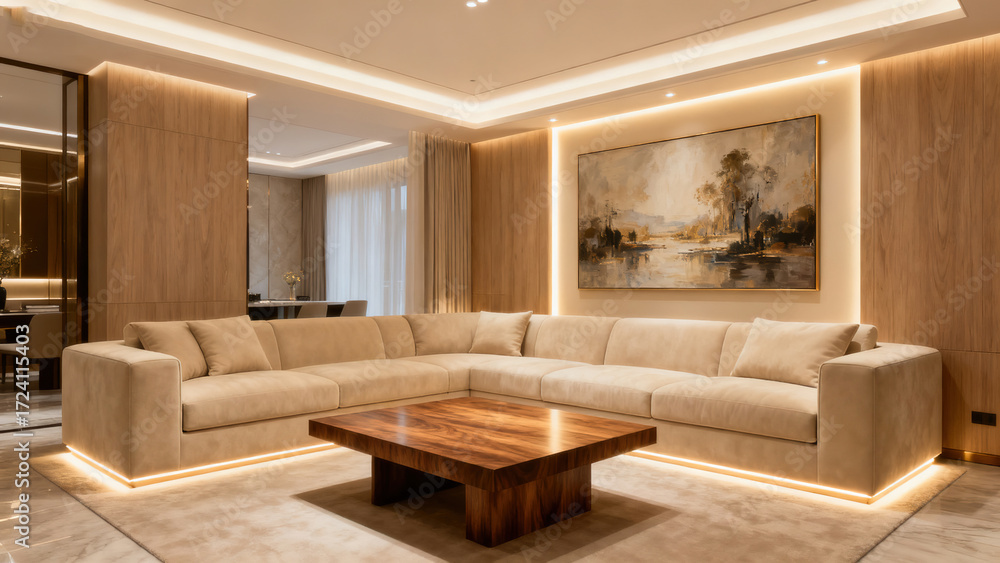 Fototapeta premium Luxurious Modern Beige Living Room with Wooden Accents