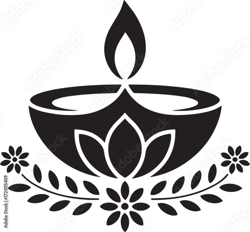 Traditional Hindu Oil Lamp Diya Vector | Black and White Silhouette Illustration | Puja Worship Spiritual Icon