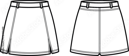 Women’s skirt CAD template, A-line skirt fashion flat, technical flat skirt vector drawing, waistband with belt loops, skirt CAD design, sewing flat template illustration