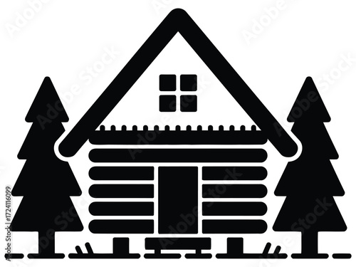 Iconic illustration of a rustic log cabin nestled between two pine trees, symbolizing nature and tranquility