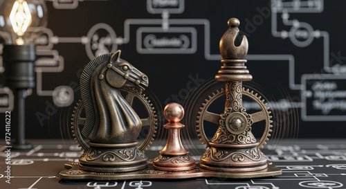 Strategic Planning Gears, Chess Pieces, and Innovation