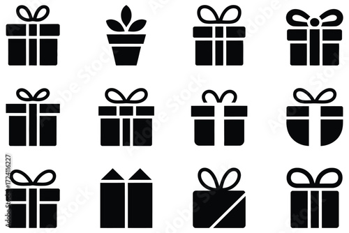 A versatile collection of minimalist gift box and present icons in a solid black glyph style for various celebrations