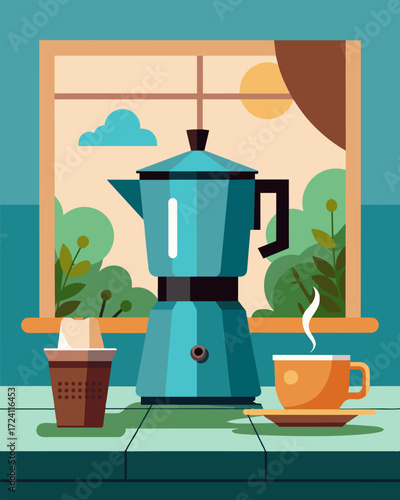 A pot of fresh coffee sits on the kitchen counter providing the perfect fuel for a day of remote work.. Vector illustration