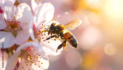 Honeybee on a blossoming flower in spring sunlight