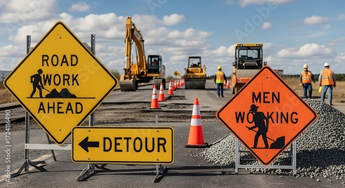 Roadwork construction site with heavy equipment and warning signs in daylight