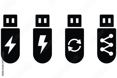 Four Black USB Flash Drive Icons with Energy and Data Transfer Symbols