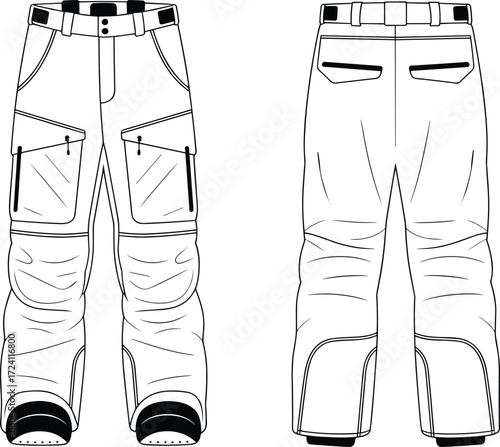 Snow pants CAD template, men’s technical ski trousers fashion flat, articulated knee snowboard pants vector sketch, insulated winter outdoor technical wear drawing