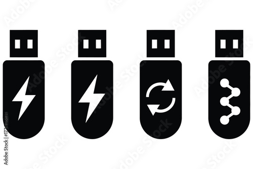 Black USB Flash Drive Icons Lightning Bolt, Recycling, and Data Transfer Symbol Illustrations