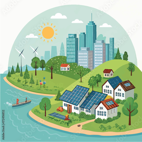 Eco-friendly city illustration with solar panels and renewable energy