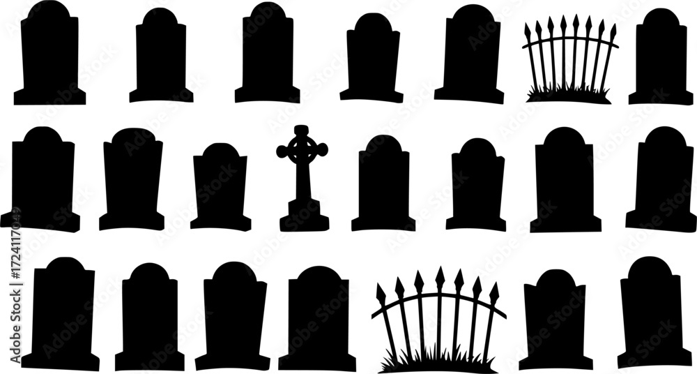Fototapeta premium Halloween graveyard silhouettes. Creepy gravestones, tombstones and scary fences vector illustration set. Halloween graveyard spooky silhouettes 