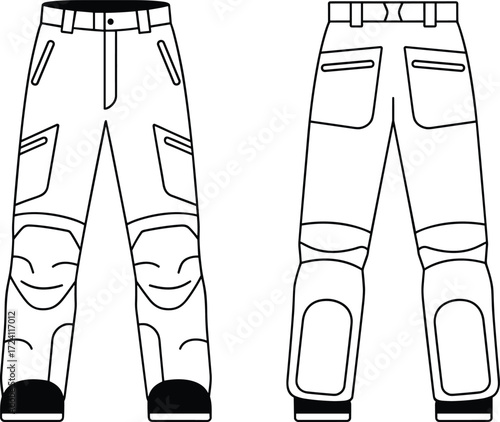 Technical cargo pants fashion flat, men’s utility trousers CAD template, articulated knee work pants vector sketch, outdoor tactical wear technical drawing
