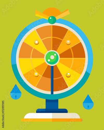 A spinning wheel of fortune game with solarpowered lights giving kids a chance to win prizes while learning about renewable energy.. Vector illustration