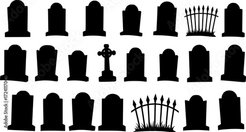 Halloween graveyard silhouettes. Creepy gravestones, tombstones and scary fences vector illustration set. Halloween graveyard spooky silhouettes
