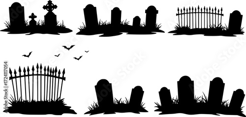 Halloween graveyard silhouettes. Creepy gravestones, tombstones and scary fences vector illustration set. Halloween graveyard spooky silhouettes
