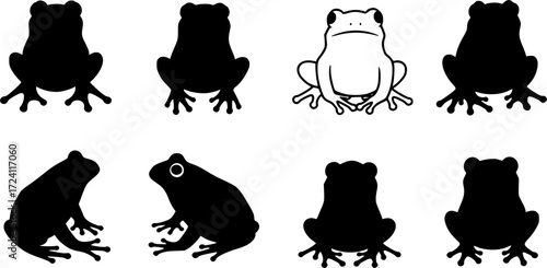 set of frogs, black and white frogs, silhouette of frogs, editable stroke, vector art ready for your brand.
